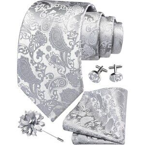 Men's Light Grey Paisley Tie And Lapel Pin Necktie Hankerchief Cufflinks Set